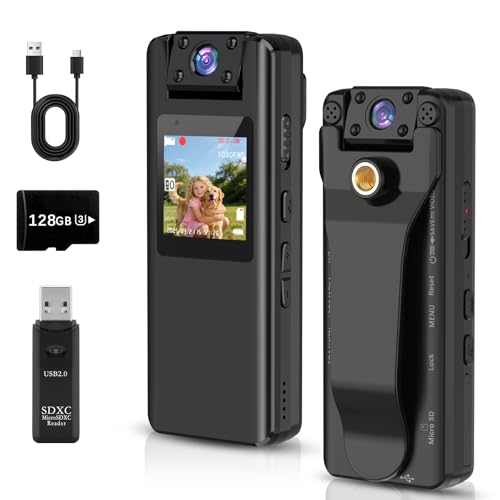 Body Camera with Audio and Video Recording 1080P: 128GB Mini Wearable Body Cam with 180° Rotating Lens, Worn Bodycam with 9HR Battery Night Vision for Personal Police Law Enforcement, Hiking, Travel