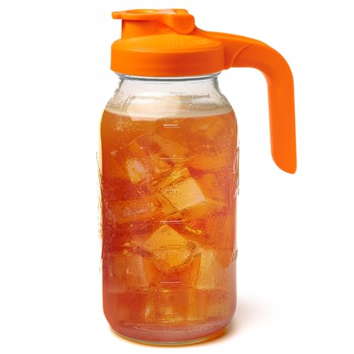 Image of County Line Kitchen Glass Mason Jar Pitcher with Lid - Wide Mouth, 2 Quart (64 oz) - Heavy Duty, Leak Proof - Sun & Iced Tea Pitcher, Cold Brew Coffee, Breast Milk Storage, Water - Sunrise Orange