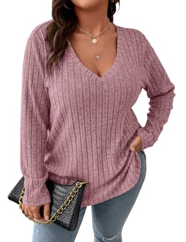 Koscacy Women Plus Size Casual Knit Sweater V Neck Solid Color Tops Lightweight Long Sleeve Blouses