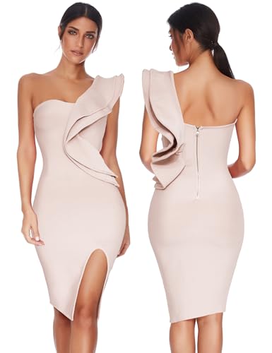 Image of One Shoulder Ruffle Dress Side Split Bodycon Bandage Dress Wedding Guest Dress