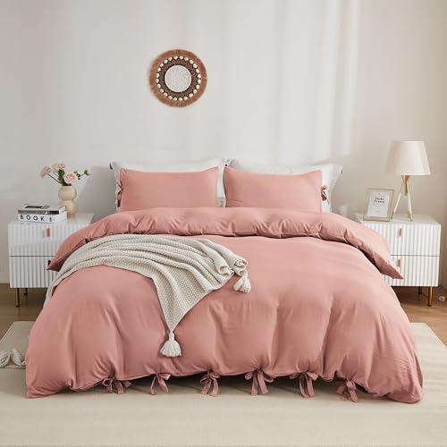 annadaif Coral Pink Cover Queen Size, 3 Pieces Soft Washed Microfiber Duvet Cover Set, Comforter Cover with Bowknot Bow Tie (1 Duvet Cover 90x90 Inch, 2 Pillowcases) Easy Care Bedding Set
