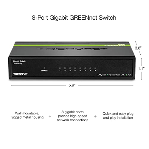 Trendnet 8-Port Unmanaged Gigabit Greennet Desktop Metal Switch, Ethernet Splitter, Fanless,16Gbps Switching Capacity, Plug & Play, Lifetime Protection, Teg-S80G,Black #TOP2