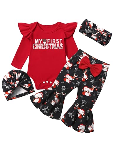 Image of CRISONE Baby Girl Christmas Outfit My First Christmas Romper + Flared Pants + Headband + Hat 4pcs Christmas Clothes Sets