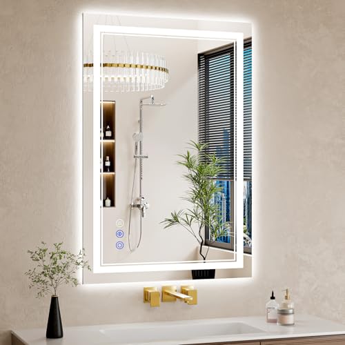 Image of 26 inchx38 inch Bathroom Mirror with Lights, Anti-Fog, Backlit + Front Lit, Dimmable, Led Vanity Mirror for Wall, Lighted Bathroom Mirror, 3 Colors, Shatter-Proof Tempered Glass