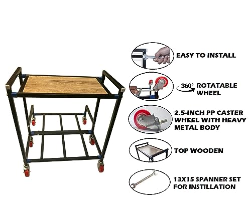 Image of NEOSTAR 2-Tier Wooden Top Metal UPS Stand /Trolley for Two Batteries and Inverter for Home and Office I Load Capacity 160 kg I Double Battery Inverter Stand with 2.5 Inch Wheels.