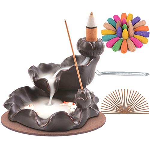 SPACEKEEPER Waterfall-Incense-Burner, Ceramic Backflow Incense Holder Handcrafted Censer Inscent Stick Stand with 120 Incense Cones & 30 Incense Sticks