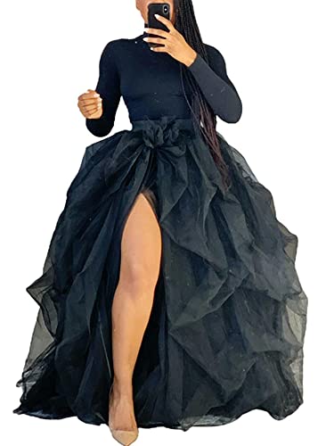 Yoisdtxc Damen Tüll Tutu Lange Röcke Bandage Mesh Maxikleid Überrock Bodenlang Kleid Hohe Taille Halbes Kleid A-Linie Puff-Mesh Maxi, B-schwarz,...