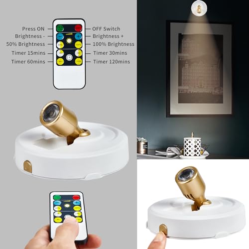 Image of Wireless Spotlight Battery Operated with Remote Control, 2-Pack Under Cabinet Closet Light with Timer Function for Under Counter, Shelf, Bookcase, Cabinet, Paintings, Pictures, Accent