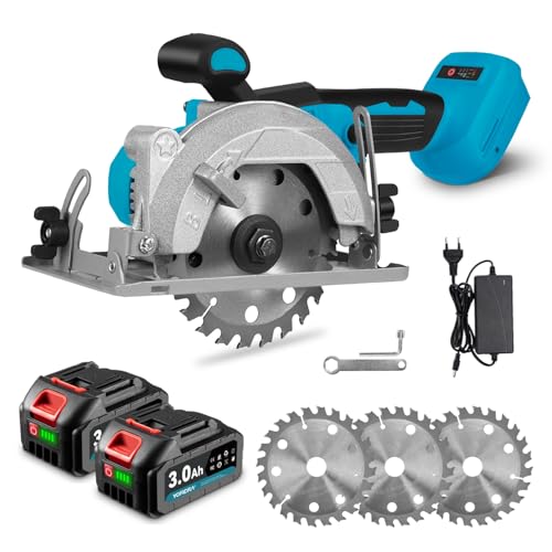 Yofidra Akku-Kreissäge mit 6000 U/min bürstenlosem Motor, 2 x 3000 mAh Akkus & Ladegerät, 125 mm Mini-Kreissägeblatt, 45 mm Schnitttiefe, 0–45° einstellbarer Winkel, 3-Stufen, 3 Sägeblätter