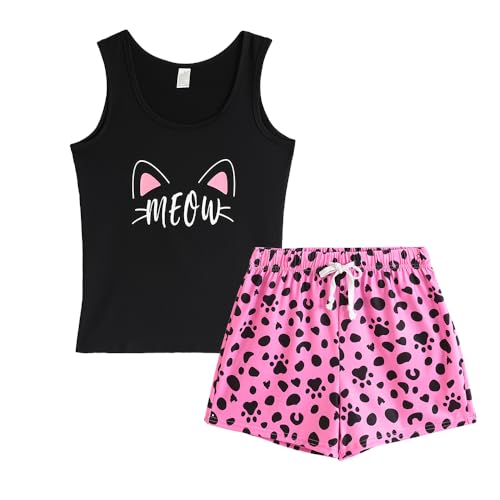 MyFav Womens Cute Pyjama Set Cartoon Sleeveless Tank Shorts Sleepwear Summer 2 Piece Comfy Lounge sets Black Pink M