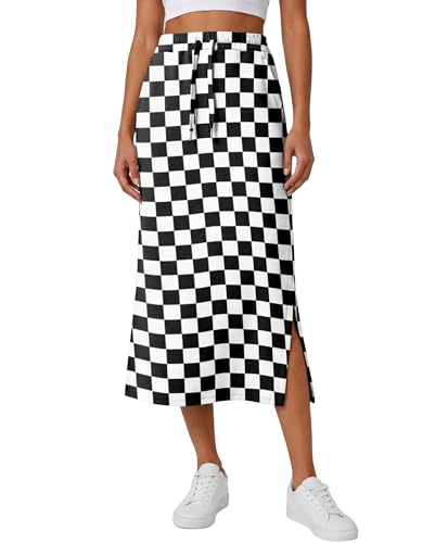 Lepunuo Womens Checkered Slit Maxi Skirts High Waist Drawstring Skirts with Pocket