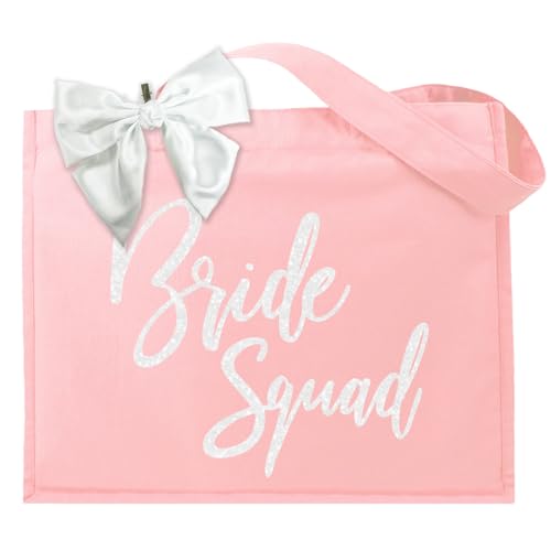 Coquette Bridesmaid Proposal Gift - SET OF 2: White Sparkle Glam Bride Squad Dusty Blush Pink Tote Bag & White Satin Bow - She's Tying the Knot Bachelorette Party Favors - Dusty Blush Pink
