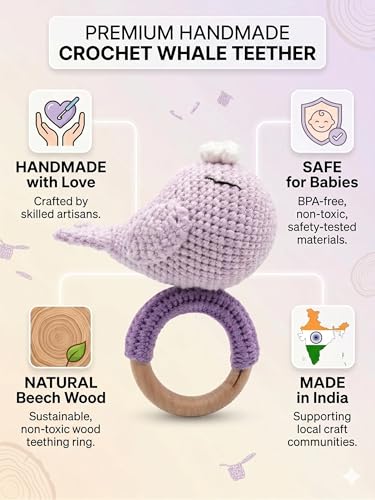 Image of Handmade Crochet Whale Baby Rattle Toy with Natural Beech Wood Ring | Soft Amigurumi Infant Teether for Newborns & Toddlers | Montessori Sensory Toy for Baby Boys & Girls