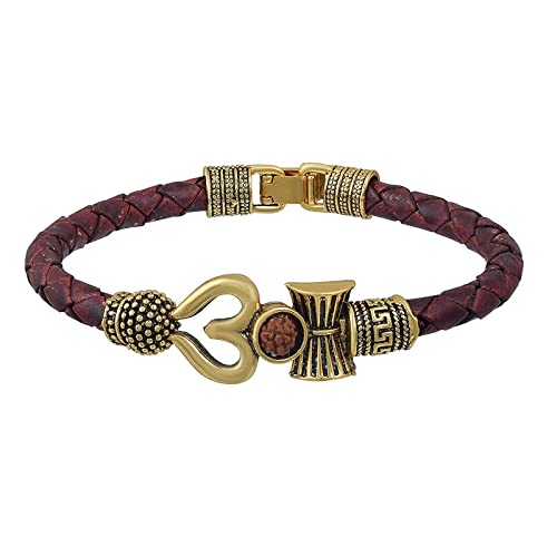 PAYSTORE Trishul Damru OM Rudraksha Gold Plated Leather Mahadev Mahakal Shiva Bhakt Bahubali Navaratri Special Kada Bracelet for Men & Women(Brown & Gold)