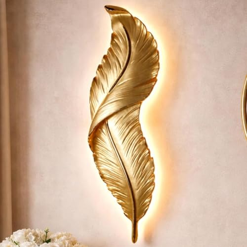 Image of Modern Gold Decorative 3-Color LED Warm White, Natural White & Cool White LED Feather Design Wall Lamp Sconce for Living Room, Bedroom, Hallway, Hotel, Staircase, Reception