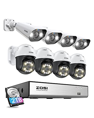 ZOSI 8CH (16CH Expandable) 4K PoE Security Camera System with AI Face Person Vehicle Detection, 8 Wired 5MP 3K Outdoor PT Bullet PoE IP Cameras, 2-Way Audio, 5X Digital Zoom, 2TB HDD, 24/7 Recording