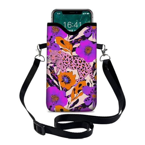 Image of Neoprene Cell Phone Sleeve Pouch Case Bag with Crossbody Strap Neck Lanyard for Women 7.1 X 3.9 in Purple Pink