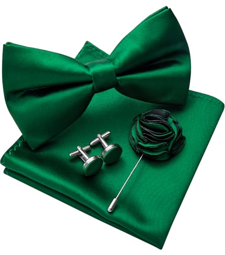 Image of Solid Color Bow Ties for Men Silk Pre-tied Tuxedo Bowtie Set 4PCS | Pre-tied in 3 seconds,adjustable 4PCS bow tie and pocket square cufflinks lapel pin set,wedding,formal,party,prom,graduation