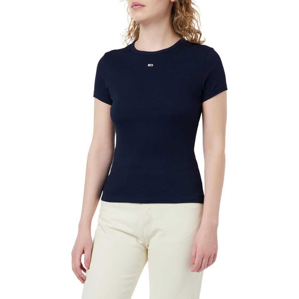 Tommy Jeans TJW SLIM ESSENTIAL RIB SS EXT S/S T-Shirt Women's, Blue (Dark Night Navy), XS