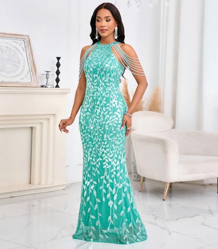 Image of Cololura Women Sexy Elegant Sequin Tassel Off Shoulder Halter Bodycon Maxi Dress Party Evening Gown Formal Dress