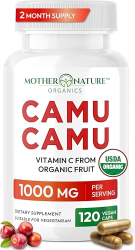 Organic Vitamin C from Camu Camu Capsules 1,000mg, Packed with Natural VIT C, Raw Antioxidants - Immune Support Supplement & Anti-Aging for Skin - Powder Organic, Vegan, Non-GMO (120 Count)