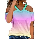 Blusa sin hombros para mujer, camiseta de verano, cuello en V, cuello colgante, túnica, estampado degradado de color, parte superior, hombros fríos, manga corta, camiseta de verano, túnica de playa,