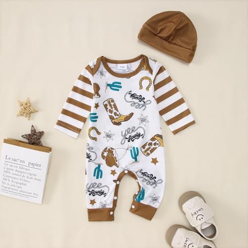 BOUTIKOME Infant Baby Boy Outfit Retro Cowboy Partner Howdy Graphic Rompers Newborn Onesie Jumpsuit Hat 2Pcs Set2