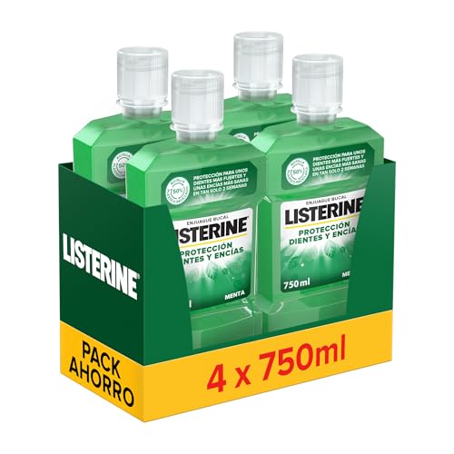 Listerine Protección Dientes y Encías, pack de 4 x 750 ml, enjuague bucal con flúor, colutorio bucal con 24 horas de protección, elixir bucal para un aliento fresco duradero