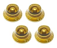 PROFESSIONAL QUALITY - High quality Aged Tinted Gold top hat bell knobs w/embossed numbers 0-10 TRADITIONAL FIT - Fits 24 fine-spline USA (Imperial) / CTS style split-shaft pots used on most Gibson guitars. EASY INSTALLATION - Push on knobs fit snug ...