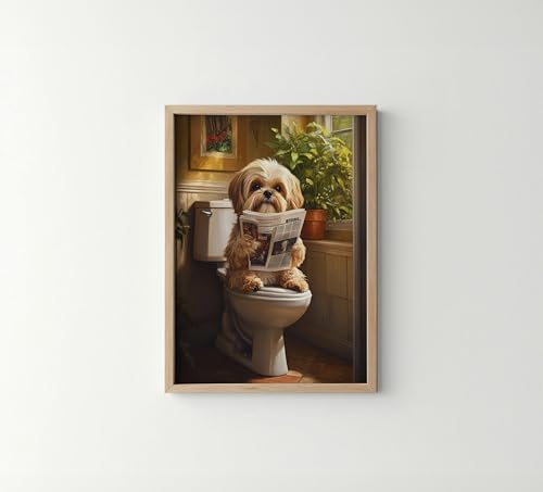 Image of Shih Tzu on Toilet Wood Framed Wall Art Print Poster, Dog Bathroom Humor Decor Posters Prints for Restroom Home Picture Painting Artwork Gallery 7 (Shih Tzu, 10 inchL x 8 inchW, Wood Frame)
