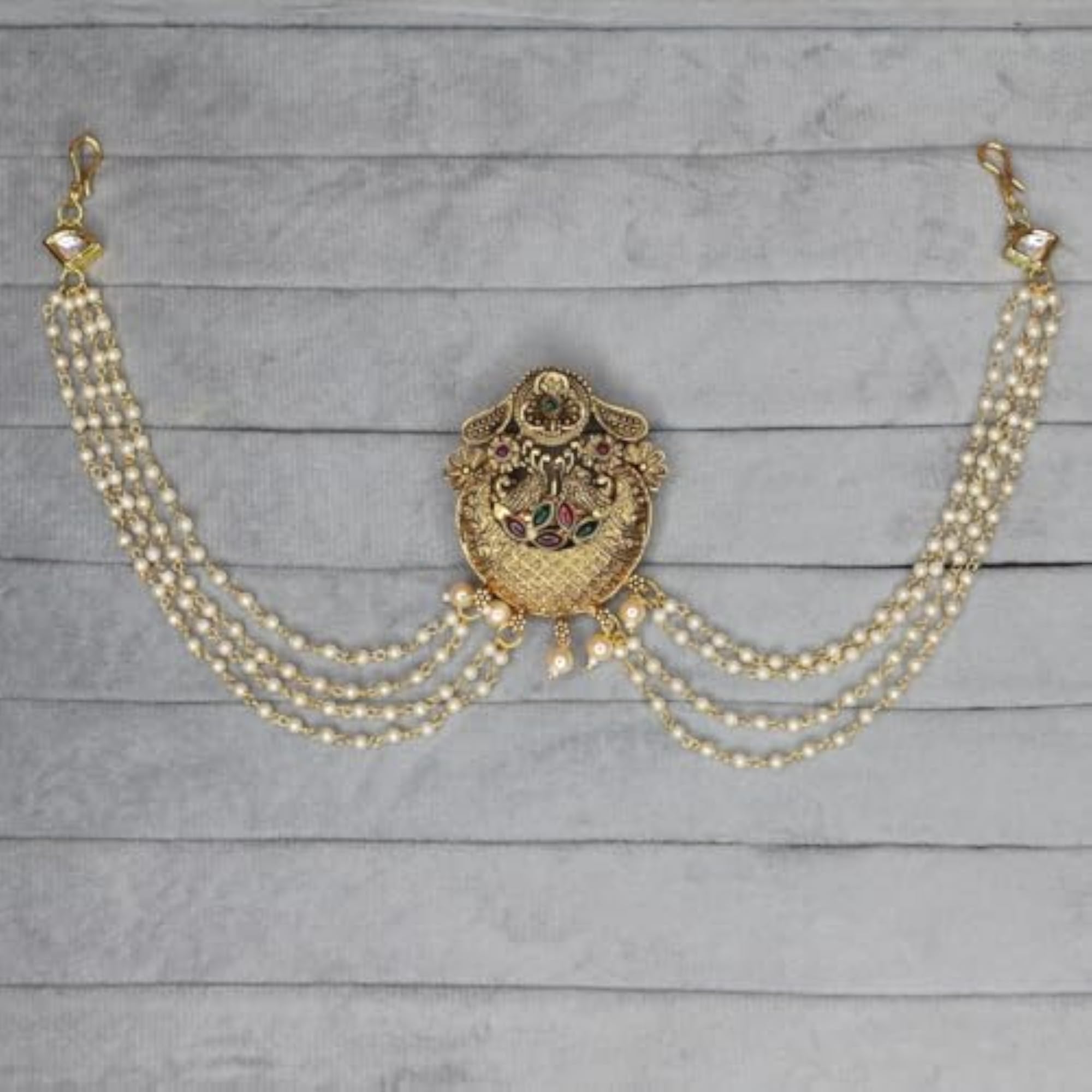 Traditional Brass Choti Hair Accessory with Antique Bead Chains