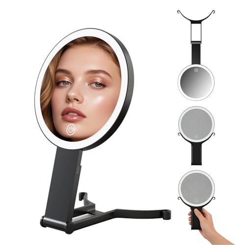 女優ミラー 拡大と等倍両面鏡 LEDライト付き鏡 卓上 拡大鏡 明るさ無段階調光 3光色 折り畳み式 手鏡角度調整可能 USB充電式 大容量バッテリー 化粧鏡 スタンド＆ハンドミラー 卓上/吊り下げ/手持ち可能 ハンドル付き コンパクト 旅行用 持ち運び便利 (1X/10X)
