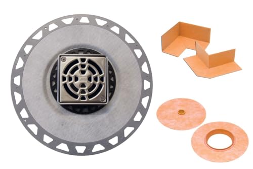 Schluter Kerdi-Drain PVC Classic Shower Drain Kit with Integrated Bonding Flange - Provides Drainage Solutions for Tiled Showers - 4" Stainless Steel Grate, Square, 2" Outlet - KD2/PVC/E