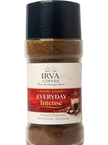 Image of IRVA Everyday Intense Strong Instant Coffee | Agglomerated Granules | Bold, Full-Bodied Taste with Rich Aroma | Crafted for an Active Lifestyle - Ideal for Gym, Fitness, Yoga, Dance & Pre /Post Workout Boost | Perfect for Black & Milk Coffee | 100 g | Makes 40-50 Cups