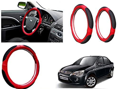 Image of Microfiber Car Steering Wheel Cover, Soft Padding Great Hand Feel, Anti-Slip, Faux Leather Steering Cover for Ford Fiesta Classic | Black Red Jali - Pack of 1