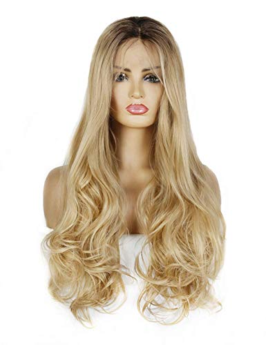 Life Diaries Ombre 613 Blonde 24" Lace Front Wig Dark Roots Long Natural Wave Synthetic Half Hand Tied Wigs Natural Looking Hairline Heat Resistant Fibers for Women