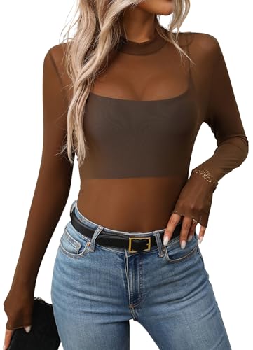 FEOYA Mesh Tops for Women See Through Slim Fit Mock Neck Mesh Long Sleeve Top Printed Party Sexy Trendy Sheer Shirt