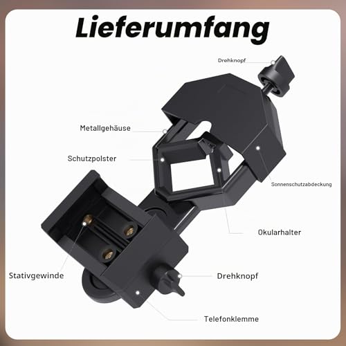 Gosky Universal Spektiv Handy Halterung, kompatibel mit Ferngläsern, Monokular-Spektiven, Teleskopen und Mikroskopen, passend für Fast alle Smartphones schwarz