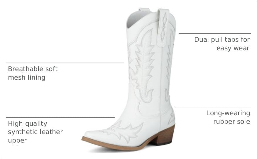 Image of Rivalran Cowboy Boots for Women - Cowgirl Boots with Embroidery, Chunky Heel Pointed Toe Pull-on Vintage Western Mid Calf Fashion Boots for Ladies