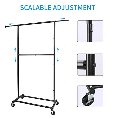 Fishat-Simple-Standard-Double-Rod-Rolling-Clothing-Garment-Rack-for-Hanging-Clothes-Metal-Clothes-Organizer-with-Lockable-Wheels-Black