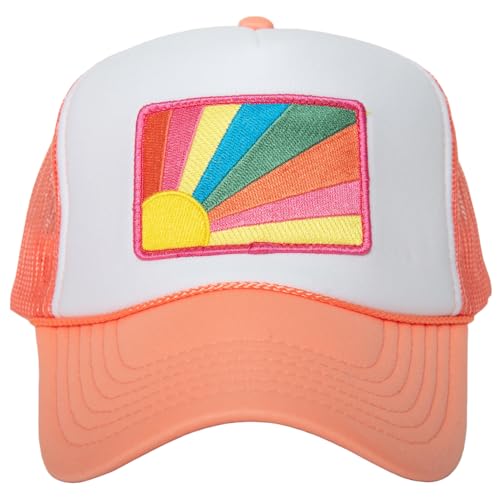 KATYDID Bursting Sunshine Foam Trucker Hat - Adjustable With Mesh Netting - Fully Embroidered for Women - Trendy Vintage Baseball Cap (Coral)