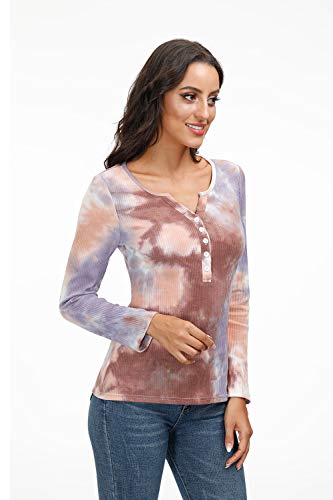 Yidarton Womens Henley Tops Shirts Long Sleeve Casual V Neck Buttons Tie Dye Tops
