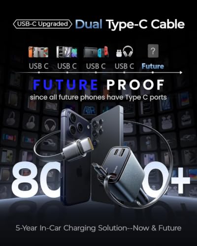 Image of Sevenaire Retractable Car Charger [Ultra-Compact], 93W 4 in 1 Car Charger with Dual USB C Cables 36W + 30W PD PPS SFC 2.0, Retractable Cables, Compatible for iPhones, iPad, Galaxy, Pixel