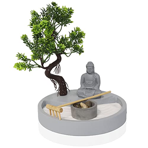 Round Shape, Zen Garden Tealight Candle Holder with a Mini Buddha Statue and a Bonsai Tree - A...