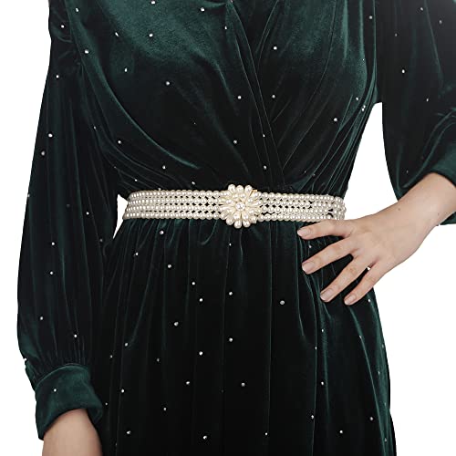 Jumwrit Elastic Pearl Belt for Women Rhinestone Big Pearl Flower Waist Chain Layered Pearl Wedding Dress Belt Sash Off White Round Pearl Bridal Belt（Style 4）