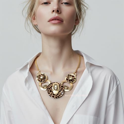 Fashion 21 Women's Celluloid Acetate Oval Disc Glass Stone Metal Link Statement 17 inches Plus Extension Link Necklace2