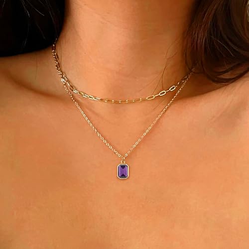Layered Birthstone Necklace for Women Girls, Gold Plated Paperclip Chain Choker Necklace with Rectangle Birthstone Pendant Birthday Gifts for Women Girls Dainty Small Jewelry4