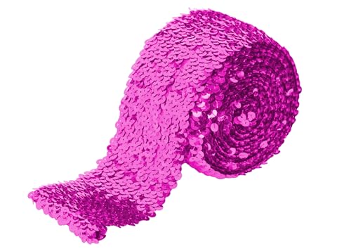 Elastic Sequin Trim, 3 Inch 8 Row Wide Flat Glitter Bling Fabric Paillette Sequin Ribbon, Metallic Stretch Sequin Strip Sewing DIY Embellishment, 5.5 Yards, Hot Pink