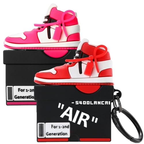 Image of [2Pack] Gedicht for Apple Airpods 2nd Generation Case Cover, Cute Cartoon Shoe Box Soft Silicone Protective Cases for AirPods 1&2 Case with Keychain for Women Men, Red+Rrose Red