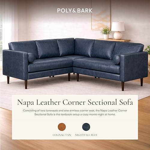 Image of Poly & BARK Napa 98 inch Leather Corner Sectional Sofa - Full-Grain Italian-Tanned Aniline Leather, Feather-Down Comfort, Solid Wood Frame - Nightfall Blue